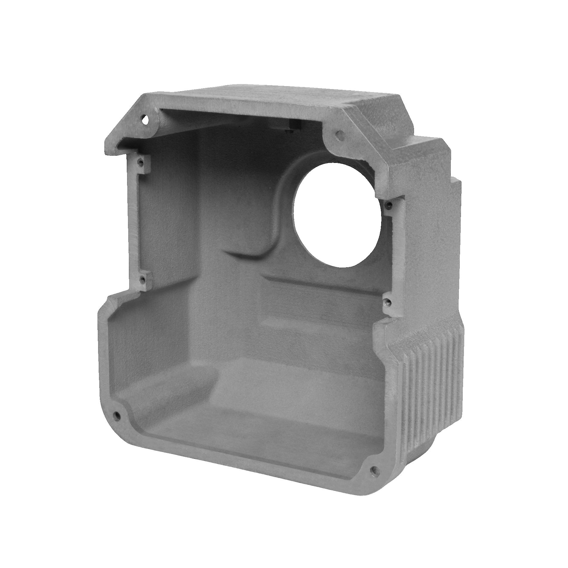 Detailed aluminum part with circular base and precise mounting points
